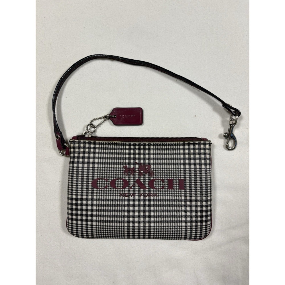 COACH Peyton Glen Plaid Print Small Wristlet F52142 Silver Cranberry Canvas